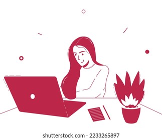 Laptop female icon. girl at the computer flat style design. Viva magenta color of the year 2023. Trendy concept.