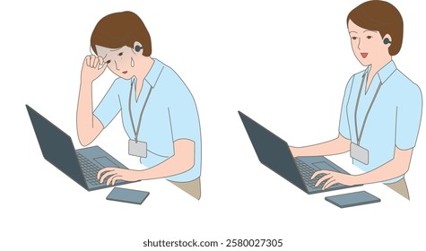 Laptop and female office worker. Image illustration of overworked and energetic woman