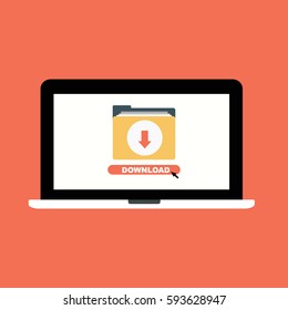 Laptop With File Download Button On The Screen. Flat Vector Illustration