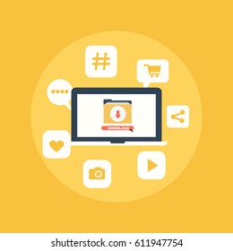 Laptop With File DownloadButton On The Screen. Technology Icon