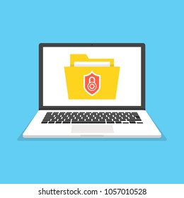 Laptop with file protection on the screen. Data security and privacy concept. Safe confidential information. Vector illustration.