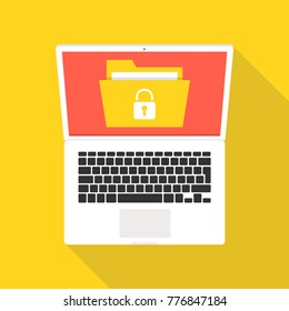 Laptop with file protection on the screen. Data security and privacy concept. Safe confidential information. Vector illustration.