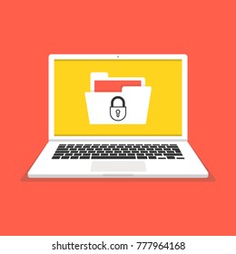 Laptop with file protection on the screen. Data security and privacy concept. Safe confidential information. Vector illustration.