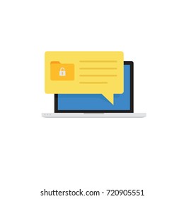 Laptop with File Security Notification. Security Protection Concept. Notebook with Folder and Padlock Icon Notification. Vector Illustration