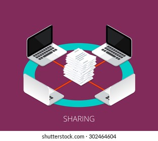 Laptop file sharing with network. vector illustration