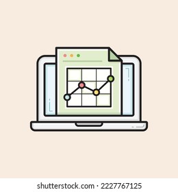 Laptop filled icon with green spreadsheet doc and colorful graphs.