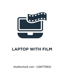 Laptop with film strip icon. Black filled vector illustration. Laptop with film strip symbol on white background. Can be used in web and mobile.