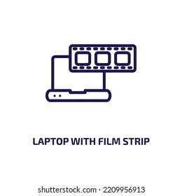 laptop with film strip icon from cinema collection. Thin linear laptop with film strip, video, laptop outline icon isolated on white background. Line vector laptop with film strip sign, symbol for web