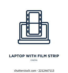 laptop with film strip icon from cinema collection. Thin linear laptop with film strip, strip, film outline icon isolated on white background. Line vector laptop with film strip sign, symbol for web 