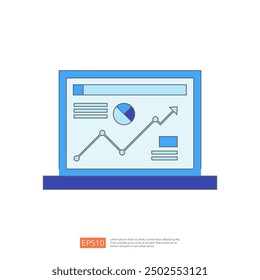 Laptop with Financial Dashboard, Data Analytics, Statistics and Business Reports on Screen.
