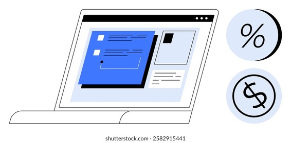 Laptop with financial dashboard, including graphs and text, percentage and dollar icons. Ideal for financial planning, economic analysis, budgeting, accounting, business analytics, investment