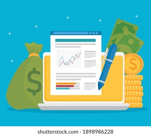 Laptop mit Finanzdokument und Geld-Vektorgrafik-Design