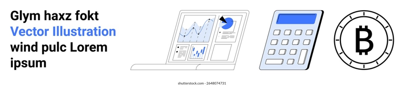 Laptop with financial graphs, calculator, and Bitcoin symbol. Ideal for finance, cryptocurrency, data analysis, investment, fintech, economic forecasting themes. Inspiring elements. Landing page