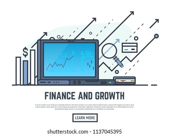 Laptop with financial report on screen. Financial growth concept illustration. Magnifying glass, arrows and graph stats. Thin line style banner. Trendy vector placard with text and button.