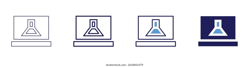 O laptop encontra o ícone em 4 estilos diferentes. Linha Fina, Linha, Linha Negrito, Duotônico. Estilo duotônico. Traçado editável.