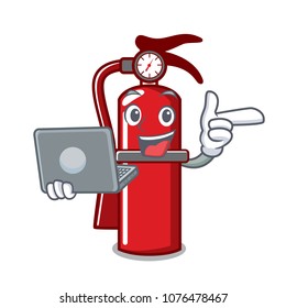 With laptop fire extinguisher character cartoon