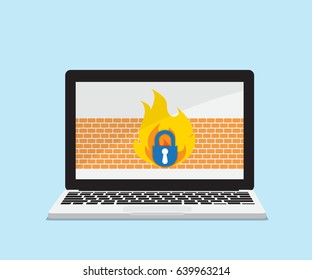 Laptop With Firewall Network Security Concept Vector Illustration