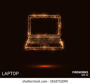 Laptop fireworks. A laptop is made up of sparks and fire. Festive bright fireworks. Decorative element for celebrations and holidays. Vector illustration.