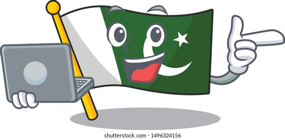 With laptop flag pakistan cartoon hoisted on pole