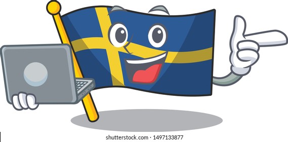 With laptop flag sweden character hoisted in cartoon pole