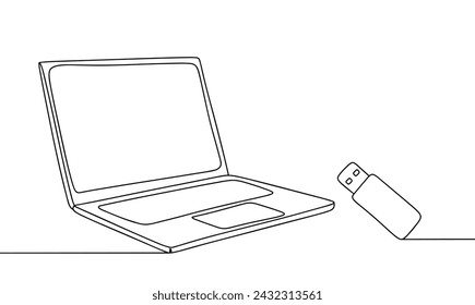 Laptop and flash drive. Copying information between media for data recovery. World Backup Day. Vector illustration. Images produced without the use of any form of AI software at any stage. 