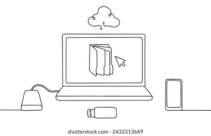 Laptop, flash drive, smartphone and external hard drive. Methods for storing and transferring information between devices. Backup. Vector. Images produced without the use of any form of AI.