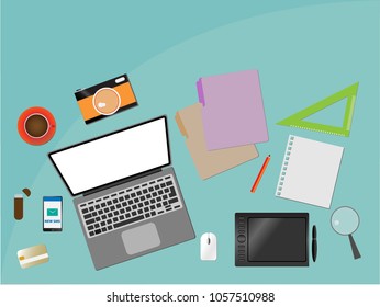 Laptop flat design with files, camera, notes, mobile phone, USB and coffee on green color table