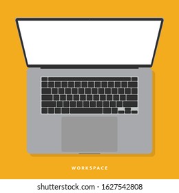 laptop in flat design style with keyboard and touchpad top view with shadow on yellow background. notebook mockup. stock vector illustration