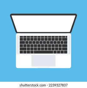Portátil de diseño plano con fondo azul. Vista superior. Burla de computadoras. Vector.