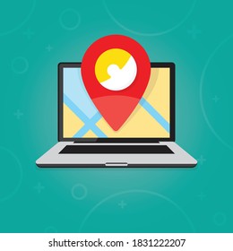 Laptop flat design vector illustration. Portable computer PC screen with red pin navigation arrow icon on urban map location. User geolocation application. Navigator to destination and gps route.