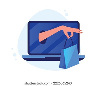 Laptop flat icon Hand hold package Online order, fast delivery