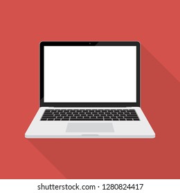 Laptop flat icon with long shadow and blank white screen monitor,vector design isolated on red background