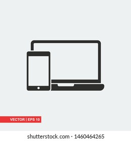 Laptop flat icon with smartphone on white background, vector illustration