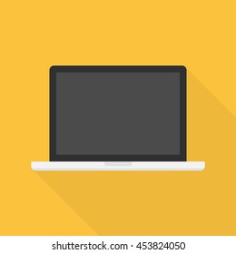 Laptop flat icon whit long shadow. Modern vector laptop illustration on a yellow background.