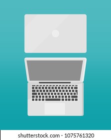 Laptop flat icons, computer symbol, opened and closed mobile computer, top view. Vector illustration