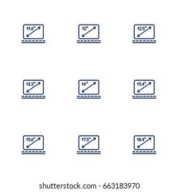 Laptop flat icons. Computer symbol. Laptops Diagonal Screen Size in inch, monitor screen size. Icons set with editable stroke