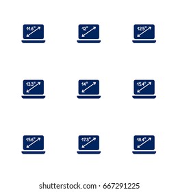 Laptop flat icons. Computer symbol. Vector illustration, EPS10. Laptops Diagonal Screen Size in inch, monitor screen size