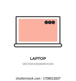 Icono de línea plana de portátil. Símbolo de bloc de notas de dispositivo electrónico de plantilla de forma gráfica. Máquina con logotipo para el diseño del sitio web, ui. Pictograma de gadget de estilo plano y moderno. Aislado en ilustración vectorial blanca