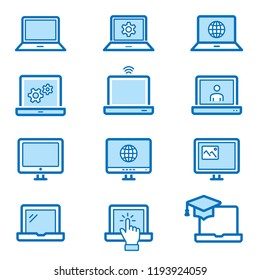 Laptop flat line icons. Set of computer, screen, isolated, monitor and more. Editable Stroke.