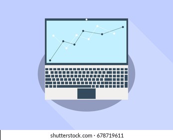 Laptop flat with long shadow. Graph of indicators. Vector illustration