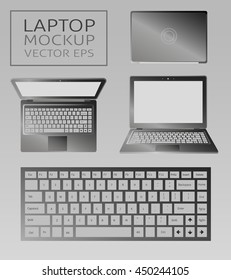 laptop flat mockup in front and top views. Minimal flat design for websites, business, marketing, advertising and commercial. Laptop icons on dark background. Isolated keyboard with black buttons.