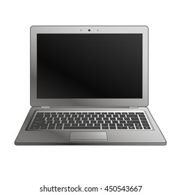 laptop flat mockup in front view. Minimal flat design for websites, business, marketing, and commercial. Portable computer icon on white background. Isolated laptop with black buttons and dark screen