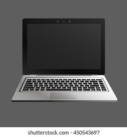 laptop flat mockup in front view. Minimal flat design for websites, business, marketing, and commercial. Portable computer icon on grey background. Isolated laptop with black buttons and dark screen.
