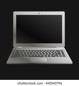 laptop flat mockup in front view. Minimal flat design for websites, business, marketing, and commercial. Portable computer icon on dark background. Isolated laptop with black buttons and dark screen.