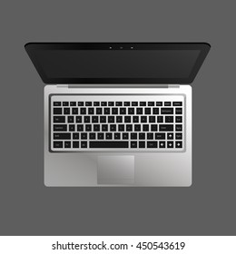 laptop flat mockup in top view. Minimal flat design for websites, business, marketing, and commercial. Portable computer icon on grey background. Isolated laptop with black buttons and dark screen.