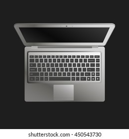 laptop flat mockup in top view. Minimal flat design for websites, business, marketing, and commercial. Portable computer icon on dark background. Isolated laptop with black buttons and dark screen.