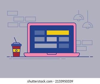Laptop - Flat outlined illustration with coffee cup beside, pink and blue colors