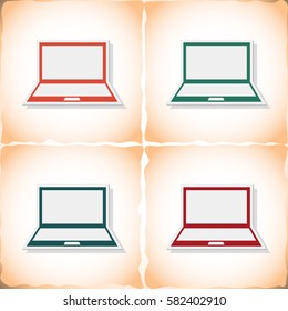 Laptop. Flat sticker with shadow on old paper. Vector illustration