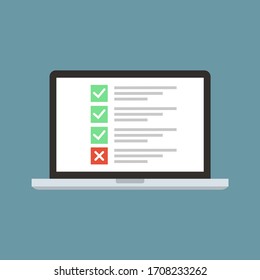 Laptop In Flat Style With List And Checkbox And Marks. Desktop Computer With Checkbox Screen. Computer Icon Isolated On Blue Background.