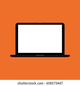 Laptop flat style vector eps10. Black  notebok laptop with white screen on orange background.